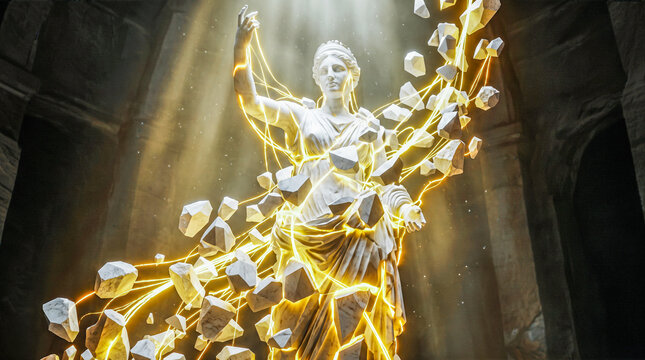 Classical marble female statue shattering into flying pieces with glowing golden energy representing powerful ancient mythology magic transformation and dramatic historical art restoration