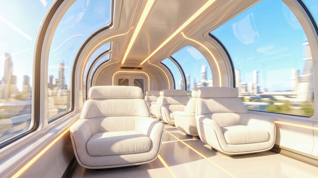 Futuristic hyperloop train interior featuring comfortable white seats large glass panoramic windows showing modern city skyline bathed in bright warm sunlight