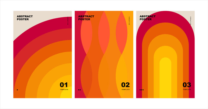 Collection of three abstract posters with retro style warm gradient arches and wavy lines in orange red and yellow color palette. vector. illustration