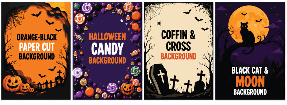 Halloween vertical banner set with spooky frames, orange and black holiday borders for social media stories, 4 vector backgrounds with pumpkins and ghosts