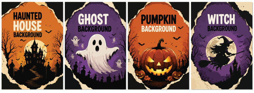 Halloween vertical banner set with spooky haunted house, ghosts, pumpkins and witch silhouette. 4 festive holiday borders for seasonal invitations.