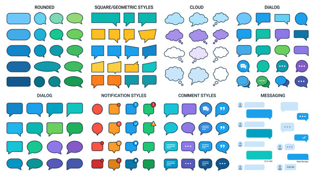 Colorful speech bubbles and messaging interface dialog box elements