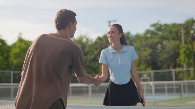 Pickleball athletes male and female walking to the net and doing their signature handshake with wide smiles after a pickleball match or outdoor training and exciting games together. Healthy lifestyle 