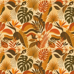 Retro vintage jungle print pattern inspired by 1970s tropical design in warm burnt orange, gold and brown earth tones, nostalgic seamless repeating composition © Evando