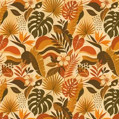 Retro vintage jungle print pattern inspired by 1970s tropical design in warm burnt orange, gold and brown earth tones, nostalgic seamless repeating composition © Evando