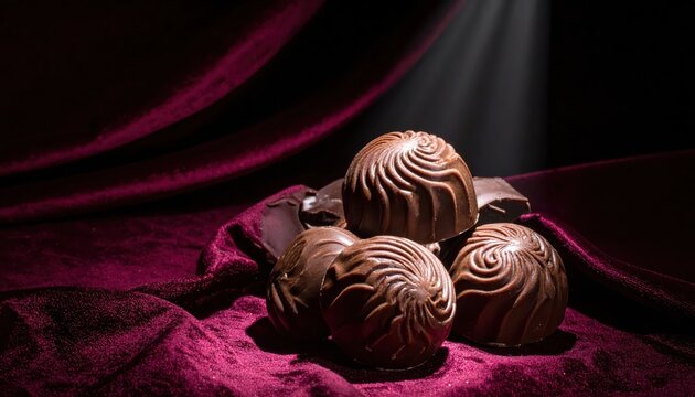 Rich Chocolate Truffles with Intricate Swirls on a Dark Velvet Cloth
