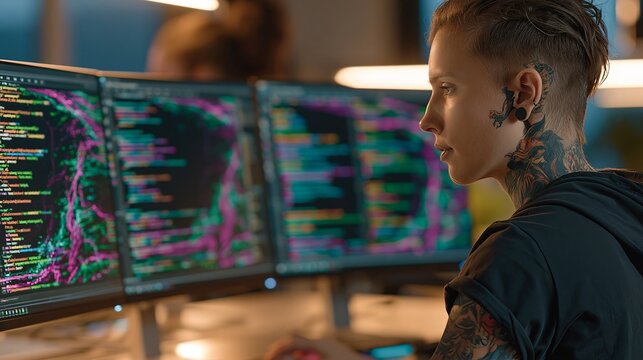 Focused female coder intensely analyzes complex lines of code on multiple computer screens in a modern, dimly lit office environment