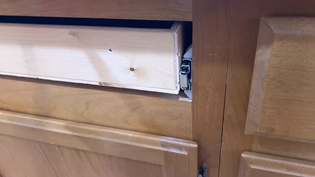 Open kitchen cabinet showing empty drawer space
