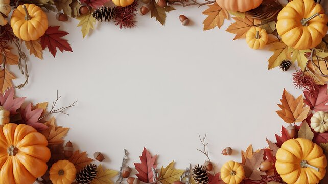 Autumn border frame with pumpkins leaves pinecones and acorns on white background