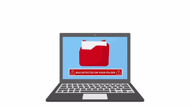 Laptop security alert animation concept. Red folder with bug detected warning and shield icons showing malware detection, cybersecurity threat, data protection and system virus scan.