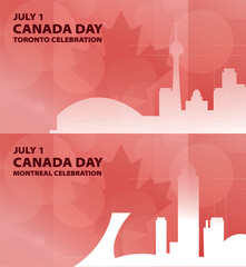 Obraz premium Festive Canada Day celebration banners with iconic skylines of Toronto, Montreal. Graphic designs pack with maple leaf flag elements, cityscapes for July 1st holiday promos, social media, prints