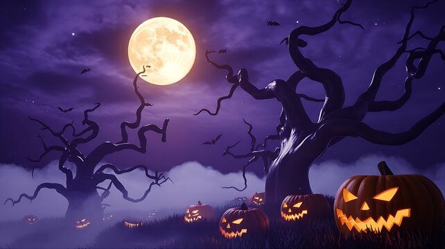 Spooky Halloween night with jack o lanterns and full moon in dark landscape scene