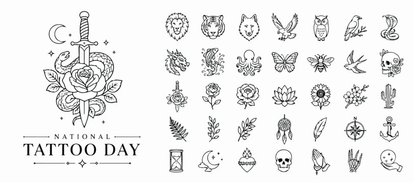 National Tattoo Day vector icon set, minimalist black line flash art collection, mystical occult symbols and animal illustrations for branding