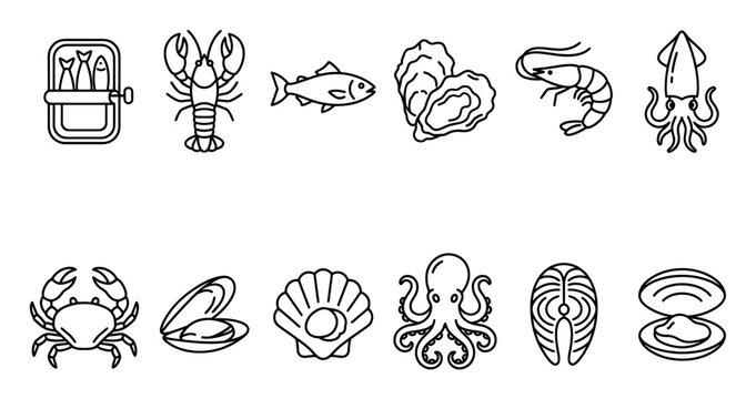 Collection of various seafood icons in a simple black outline style, including fish, shellfish, and crustaceans on a white background