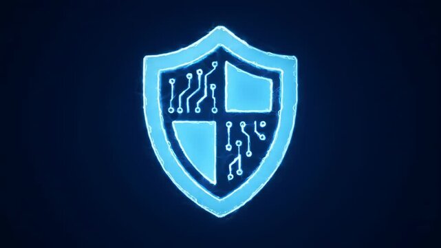 Digital shield icon with circuit board pattern, cybersecurity and data protection concept, blue neon glow on dark background