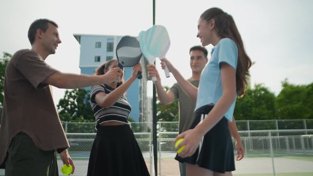 Active pickleball teammates walking to the net and tag their paddles above the net after an exciting outdoor match, demonstrating respect, teamwork, positive competition, healthy exercise, social conn