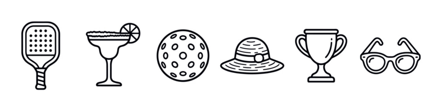 Collection of six distinct black outline icons representing summer activities and objects on a clean white background