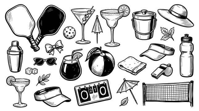 Collection of hand-drawn summer and sports-related objects in black and white, including drinks, hats, and game equipment