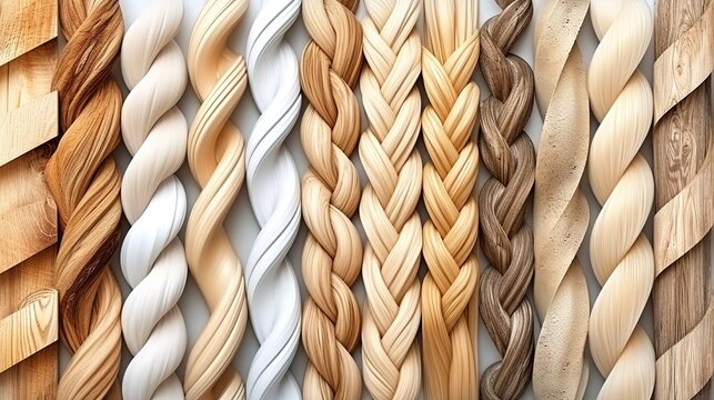 Collection of decorative twisted pillars and braided rope patterns in wood and neutral textures for interior design