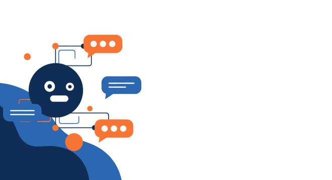 Cartoon illustration of a dark blue character with speech bubbles, representing communication or AI interaction.
