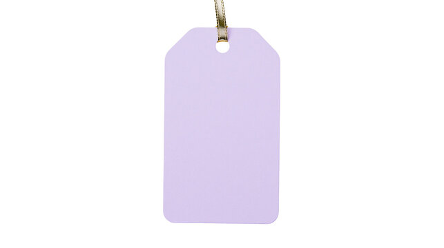Plain lavender gift tag with golden ribbon loop, isolated on transparent background