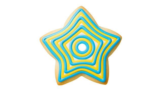Star shaped cookie with blue and yellow icing layers, isolated on transparent background