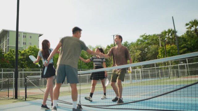 Energetic male and female pickleball players exchange friendly handshakes after outdoor practice, celebrating teamwork, sportsmanship, healthy lifestyles, lasting friendships, active recreation.
