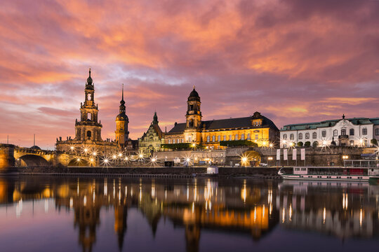 Panoramic view old town of Dresden at sunset, Germany