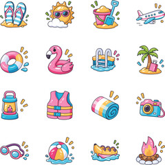 Fototapeta premium Summer travel icons featuring beach gear, pool floats, camping items, drinks, food, plants, clothing, hotel, maps, sea animals. 