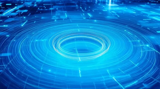Abstract blue digital interface with glowing concentric circles and dynamic data patterns
