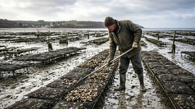 A man working in a muddy oyster farm on a cloudy day outdoors