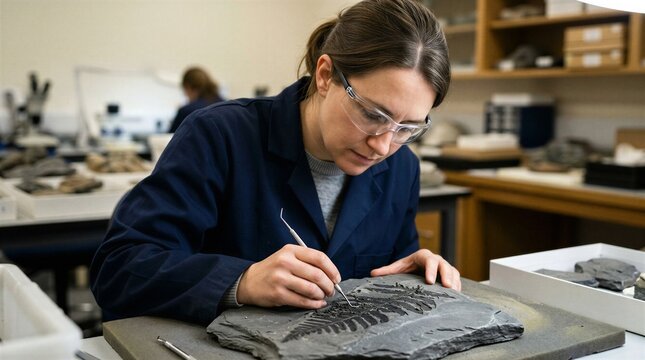 A paleontologist carefully excavates a fossil in a laboratory setting with precision tools.