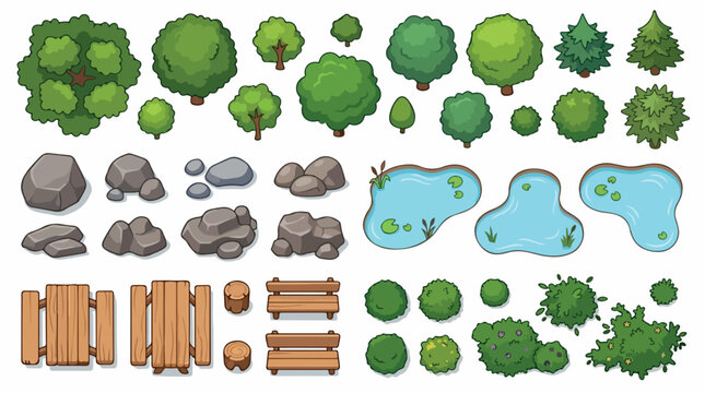 Isometric park map elements vector set, green trees and garden bushes icons, outdoor landscape furniture with picnic tables and ponds