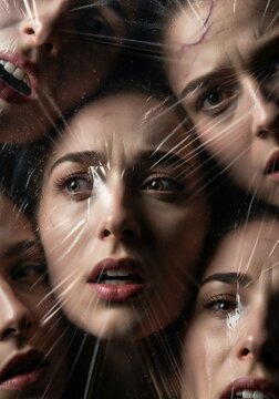 Distressed faces trapped behind plastic film, fear and anxiety concept