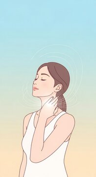 Woman's serene face, hand on neck, gentle aura, relaxation, wellness, light background