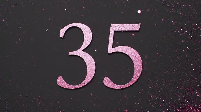 Pink Glitter Blow‑Away Reveal of Number 35 on Solid Background