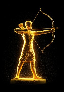 Golden Archer Statue with Glowing Particles on Black Background