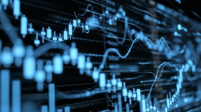 Abstract blue financial graph data showing stock market candlestick chart, trading analytics and digital information flow