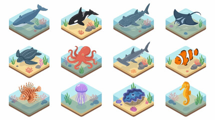 Colorful cartoon sea creatures in ocean habitat. © Lucas