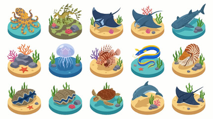 Colorful cartoon sea creatures on small islands. © Lucas