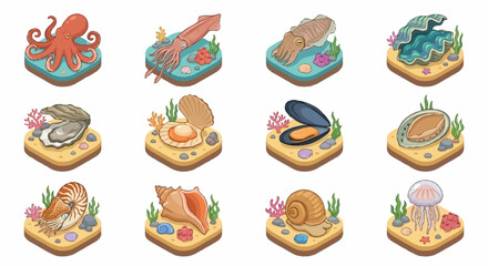 Colorful cartoon sea creatures on sandy islands. © Lucas
