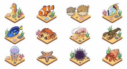 Colorful cartoon sea creatures on sandy ocean floor. © Lucas