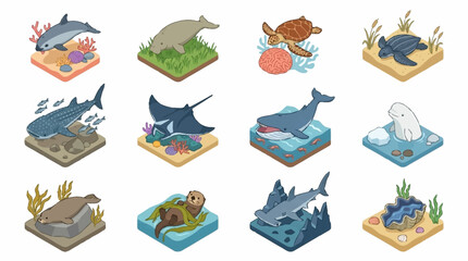 Colorful Isometric Ocean Sea Creatures Collection. © Lucas
