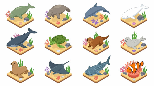Colorful Isometric Sea Creatures Collection.