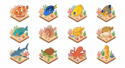Colorful Isometric Sea Creatures and Coral Reef Illustration. © Lucas