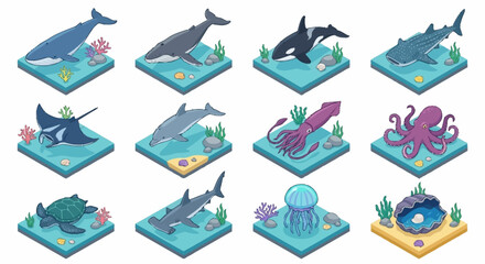 Colorful Isometric Ocean Creatures Collection. © Lucas