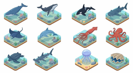 Colorful Isometric Sea Creatures Collection. © Lucas