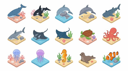 Colorful Isometric Ocean Creatures Collection. © Lucas