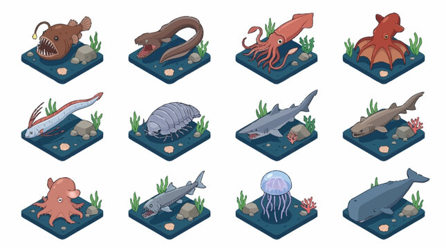 Colorful Isometric Sea Creatures Collection.