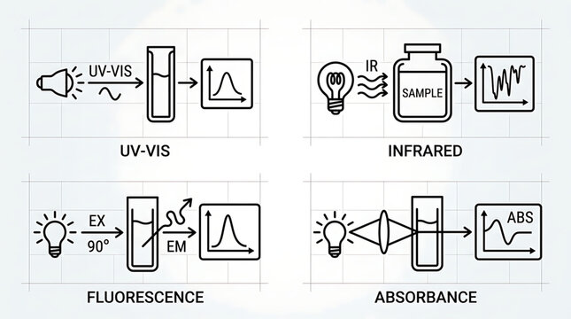 Scientific diagram illustrates UV-VIS, Infrared, Fluorescence, and Absorbance spectroscopy techniques.